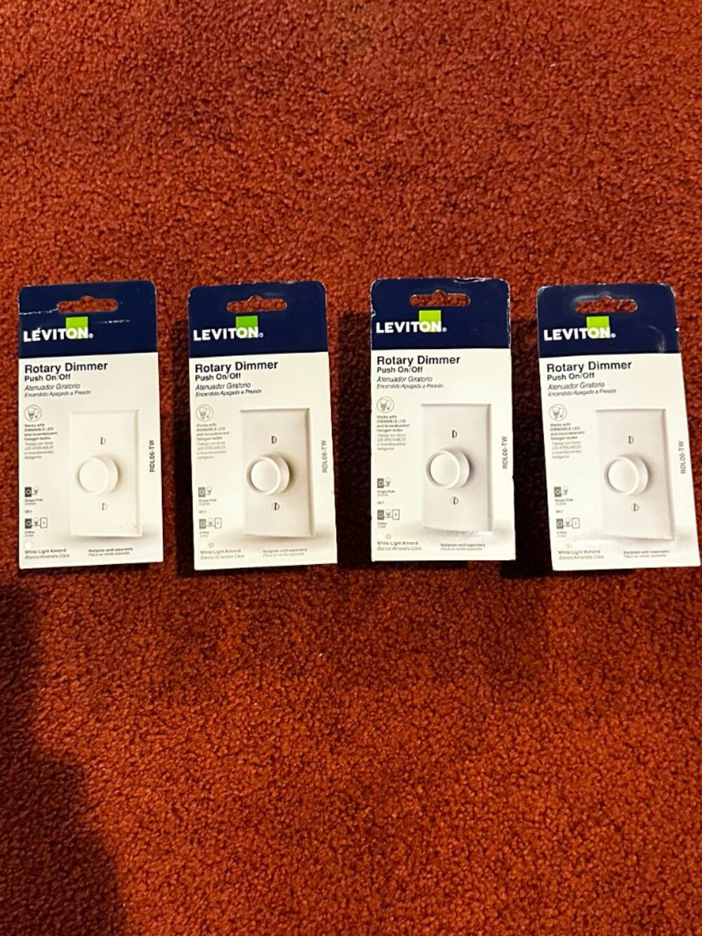 4 Leviton Rotary Dimmers Push On/Off-LED/Incandescent/Halogen-White/Light Almond